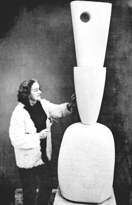 Dame Barbara Hepworth with Carving Three Vertical Forms Offering 1967